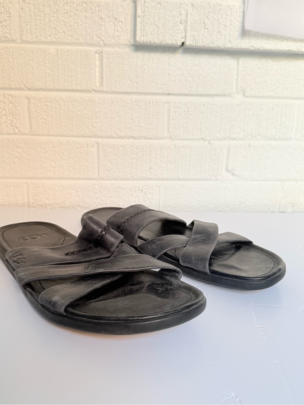 UGG Men's Black Leather Crossover Slide Sandals
